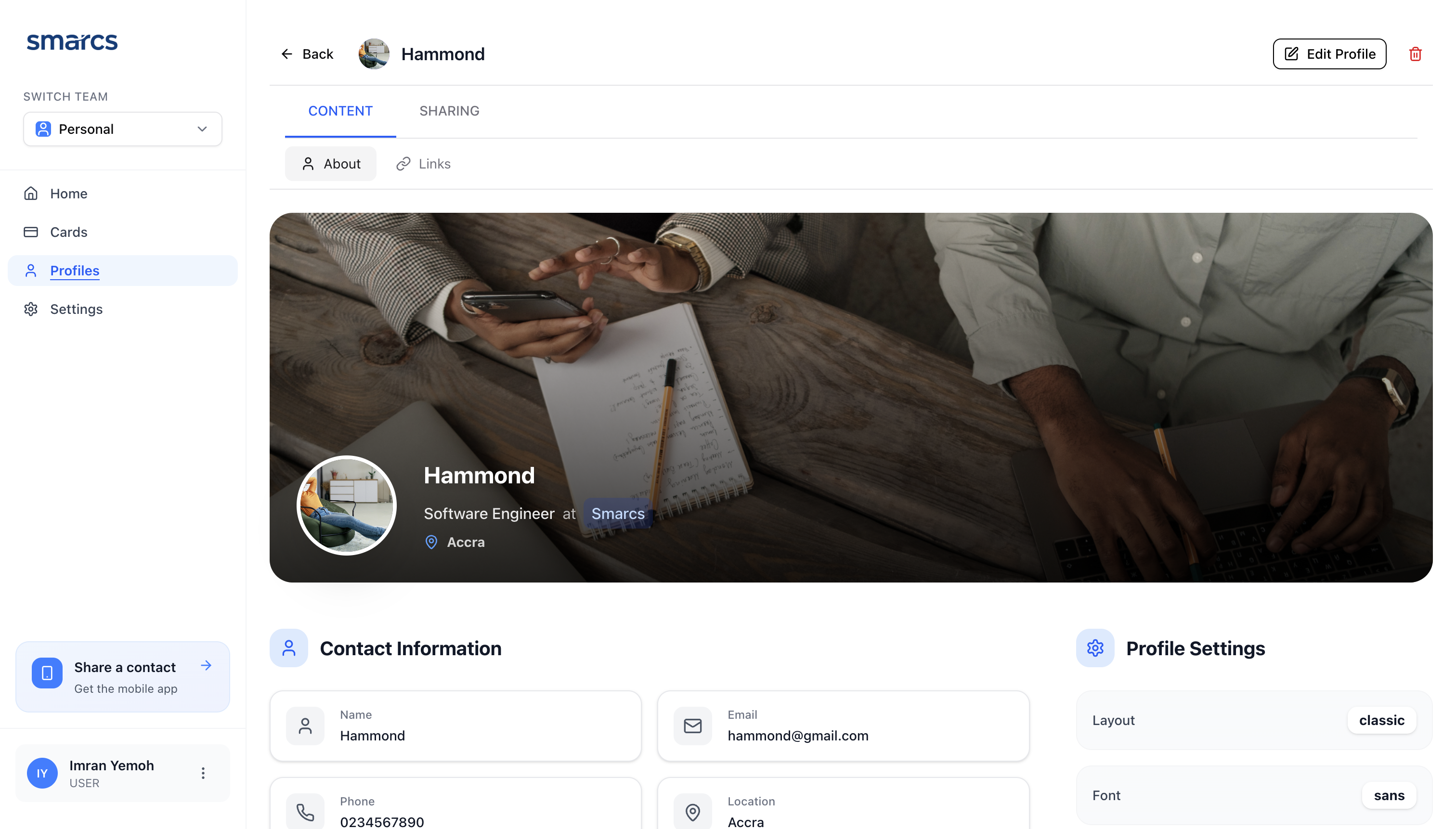 Smarcs profile on mobile